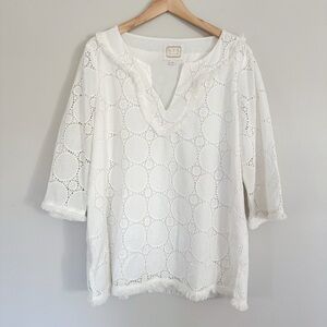 Sail to Sable STS White 100% Cotton Eyelet Tunic Top Blouse Circle Fringe XL